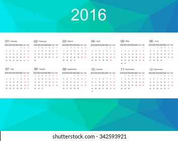 Abstract calendar for 2016.Vector illustration.