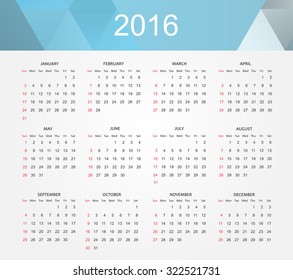 Abstract calendar for 2016.Week starts from sunday.Vector illustration.