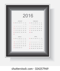 Abstract calendar for 2016.Week starts from Sunday.Vector template.