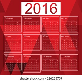 Abstract calendar for 2016.Week starts from sunday.Vector template.