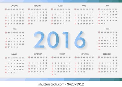 Abstract calendar for 2016.Week starts with sunday.Vector illustration.