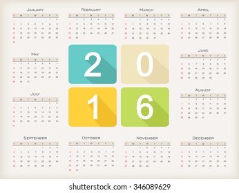Abstract calendar for 2016.Week starts with sunday.Vector illustration.