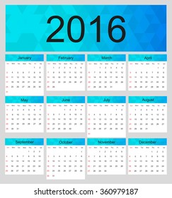 Abstract calendar for 2016.Week starts from Sunday.Vector template.