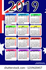 Abstract calendar for 2019 year with flag of Australia. Design for calendar 2019. Calendar on Colorful Background for organization and business. Week Starts Monday. Vector illustration.