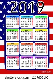 Abstract calendar for 2019 year with flag of USA. Simple and clean design for calendar 2019. Calendar on Colorful Background for organization and business. Week Starts Monday. Vector illustration.