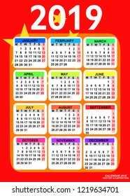 Abstract calendar for 2019 year with flag of China. Design for calendar 2019. Calendar on Colorful Background for organization and business. Week Starts Monday. Vector illustration.