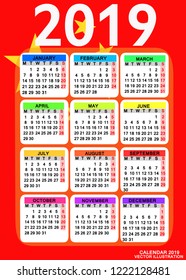 Abstract calendar for 2019 year with flag of China. Design for calendar 2019. Calendar on Colorful Background for organization and business. Week Starts Monday. Vector illustration.