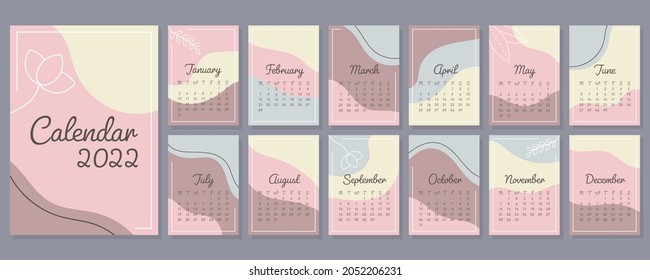 Abstract calendar 2022 in A4 format. Set of 12 pages and cover. Week starts on Monday. Vertical template in trendy pastel colors. Vector illustration.