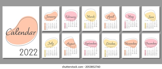 Abstract calendar 2022 with trendy pastel color spots in A4 format. Set of 12 pages and cover. Week starts on Sunday. Vertical template. Vector illustration.
