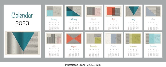 Abstract calendar for 2023. A4 vertical calendar by months, the week starts from Sunday.