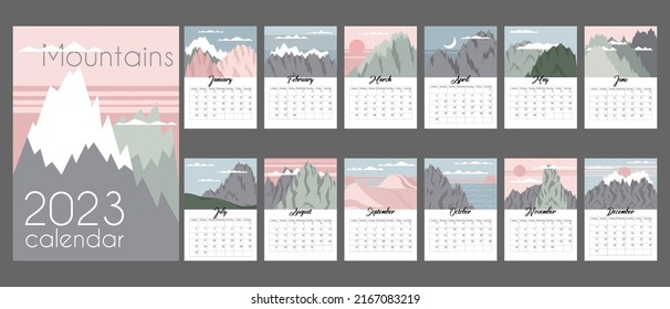 Abstract calendar for 2023 with flat minimal mountains in one color scheme. Vertical A4 calendar by months, week starts from Sunday. Calendar with places for notes.12 isolated month and cover.