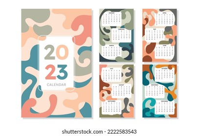 Abstract calendar for 2023 in vertical A4 format.12 months and cover. Calendar in neutral natural colors with abstract spots and linear floral elements. With place for notes. Week strats on Sunday.
