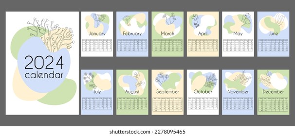 Abstract calendar of 2024 in vertical A4 format.12 months and cover. Calendar in neutral natural colors with abstract spots and linear floral elements. With place for notes. Week starts on Monday.