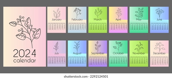 Abstract calendar of 2024 in vertical A4 format.12 months and cover. Gradients background with  linear floral elements. With place for notes. Week starts on Monday.