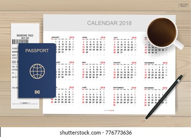 Abstract calendar background with passport and coffee cup on wood. Background for tourism and traveling idea. Vector illustration.