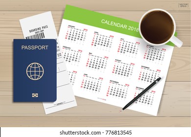 Abstract calendar background with passport and coffee cup on wood. Background for tourism and traveling idea. Vector illustration.
