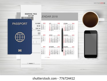 Abstract calendar background with passport, smartphone and coffee cup on wood. Background for tourism and traveling idea. Vector illustration.