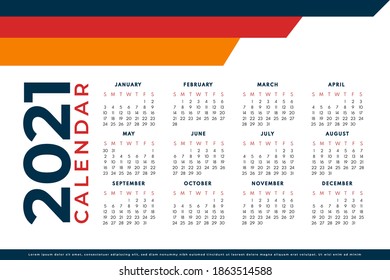 Diseño abstracto del calendario para la plantilla de diseño del calendario 2021. La semana comienza el domingo.