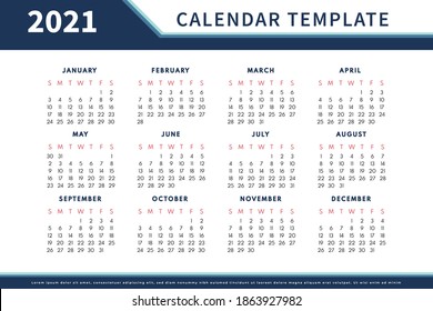 Abstract calendar layout for 2021 calendar design template. Week starts on Sunday. Single Page calendar 2021 design vector