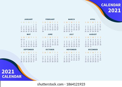 Diseño abstracto del calendario para la plantilla de diseño del calendario 2021. La semana comienza el domingo. Calendario de una sola página 2021.