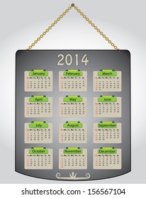 Abstract calendar sign on metallic background with golden chain. 2014 calendar vector with chain link. Sunday start calendar illustration isolated. 