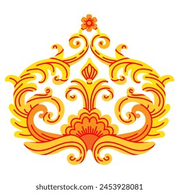 Abstract calligraphic design element. Yellow and red flower. Premium Quality, baroque style and floral ornaments. Isolated vector illustration. For design, print, decoration, dishes