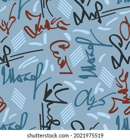 patrón abstracto caligráfico sin fisuras. las rayas azules, burdeos, negras, estilizadas como autógrafos, los grupos de luz de las líneas y los trazos se sitúan al azar sobre un fondo azul claro y azul. vector