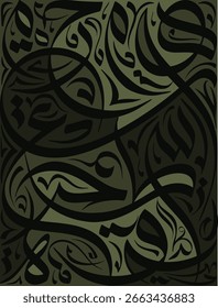 Arte de caligrafia abstrata com linhas de redemoinho e verde escuro e paleta de cores pretas