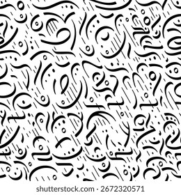 Abstract calligraphy seamless pattern. Black and white vector background with a lot of decorative elements