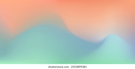 Abstract calm digital watercolor orange, teal blue and emerald green colors wave mesh gradient background. Trendy colorful liquid wavy print for ui design, banner, business poster