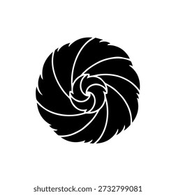 Abstract Camera Aperture Blade Icon, Circular Swirling Floral Pattern Silhouette, Black Geometric Lens Shutter Vector Illustration