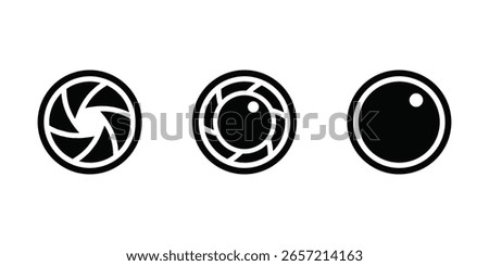 Abstract Camera Lens Icons: Three Stylish Black Circular Designs Vector
