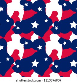 Abstract Camo Background In National USA Colors - White, Red And Navy Blue. Seamless Repeat Camouflage Pattern With Stars - UFO Patriotic Camoflauge, Wallpaper, Backdrop Or Print To 4th Of July Etc.