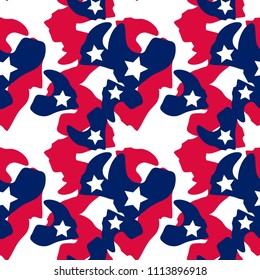 Abstract camo background in national USA colors - white, red and navy blue. Seamless repeat camouflage pattern with stars - UFO patriotic camoflauge, wallpaper, backdrop or print to 4th of July etc.