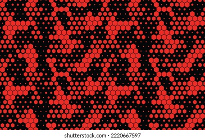 Abstract camo digital hexagonal pattern, red black background