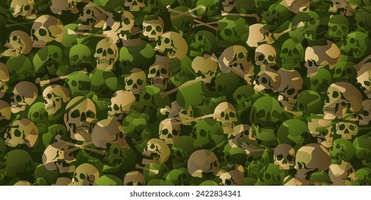 Abstract camo seamless pattern with skulls and bones. Camouflage in green colors. Military vector background for your design.