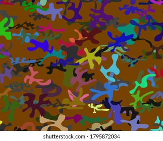 Abstract Camo Stain. Multi Cool Blot. Spray Camouflage Seamless Blot. Colorful Modern Texture. Flat Urban Canvas. Dirty Bright Pattern. Irregular Vector Psychedelic. Aqua Liquid Festival Camouflage