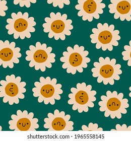 Abstract camomile flowers with faces. Unique shapes. Doodle cartoon style. Hand drawn Trendy Vector illustration. Square Seamless pattern. Background, Wallpaper, wrapping paper, poster template