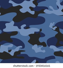 Abstract Camouflage Blue Seamless Pattern, Trendy Vector Print, Disguise.