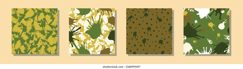 Camuflaje abstracto en un conjunto de patrones de colores brillantes. Ilustración vectorial. Imprimible. Colección de patrones de camo con manchas pintadas a mano, manchas, salpicaduras. 