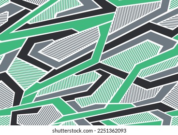 Abstract camouflage geometric seamless pattern with striped polygonal shapes. Modern digital sport texture ornament for fabric, fashion and vinyl wrap print. Vector background.
