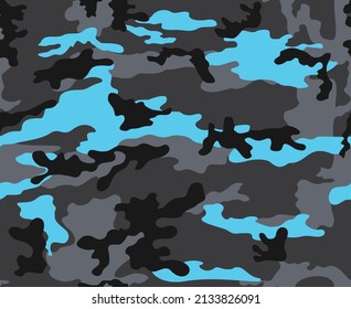 Abstract camouflage, modern dark pattern, seamless texture, blue, gray spots.