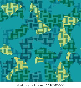 An abstract camouflage pattern containing uneven spots of different colors. Fashionable texture. A network of striped squares consisting of their perpendicular segments.