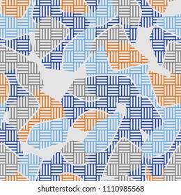 An abstract camouflage pattern containing uneven spots of different colors. Fashionable texture. A network of striped squares consisting of their perpendicular segments.