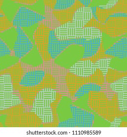 An abstract camouflage pattern containing uneven spots of different colors. Fashionable texture. A network of striped squares consisting of their perpendicular segments.