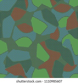 An abstract camouflage pattern containing uneven spots of different colors. Fashionable texture. A network of small mutually perpendicular ovals.