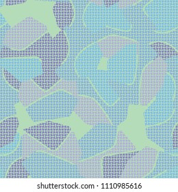 An abstract camouflage pattern containing uneven spots of different colors. Fashionable texture. A network of small mutually perpendicular ovals.