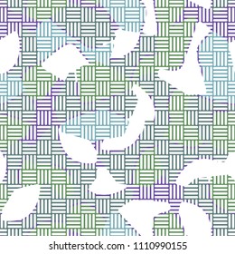 An abstract camouflage pattern containing uneven spots of different colors. Fashionable texture. A network of striped squares consisting of their perpendicular segments.