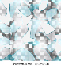 An abstract camouflage pattern containing uneven spots of different colors. Fashionable texture. A network of striped squares consisting of their perpendicular segments.