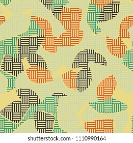 An abstract camouflage pattern containing uneven spots of different colors. Fashionable texture. A network of striped squares consisting of their perpendicular segments.